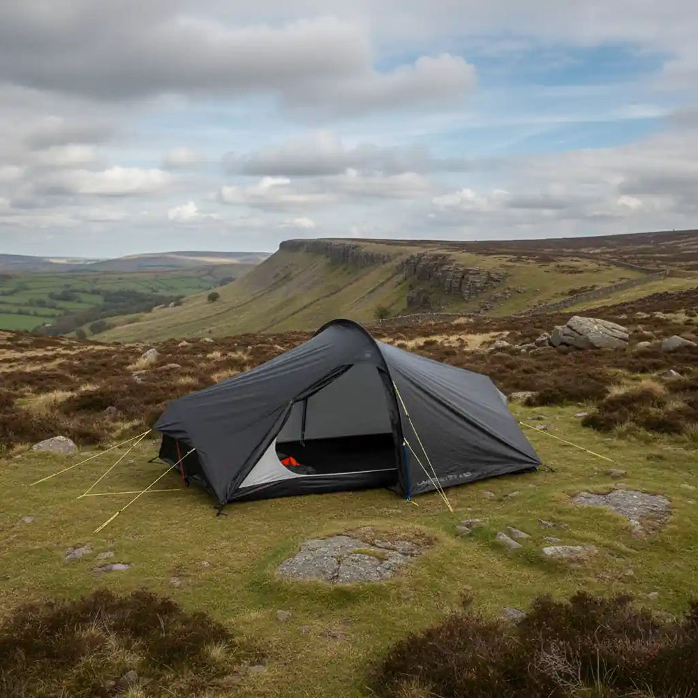 Terra Nova Laser Lite AS Tent pitched on grassy hillside with open door, surrounded by scenic countryside.