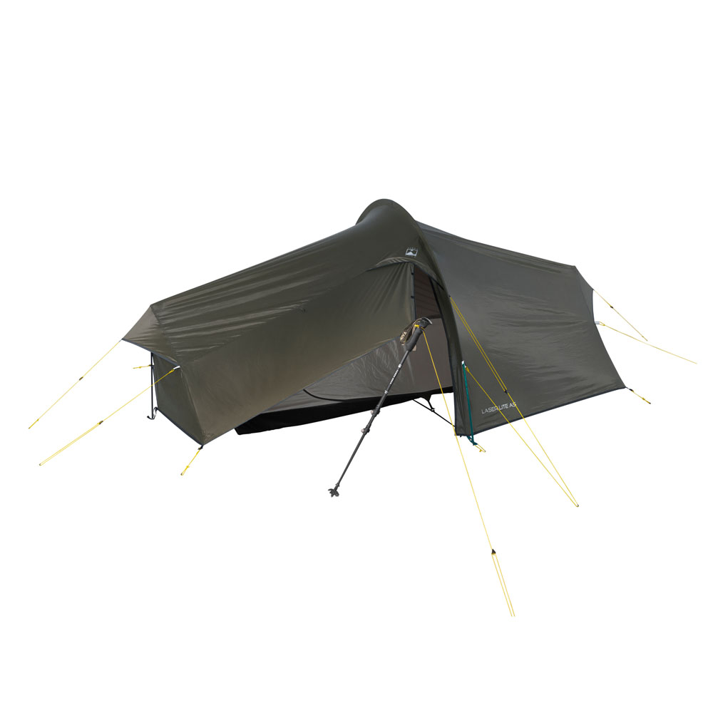 Side view of the Terra Nova Laser Lite AS tent with entrance flap open, showing interior and guy lines.