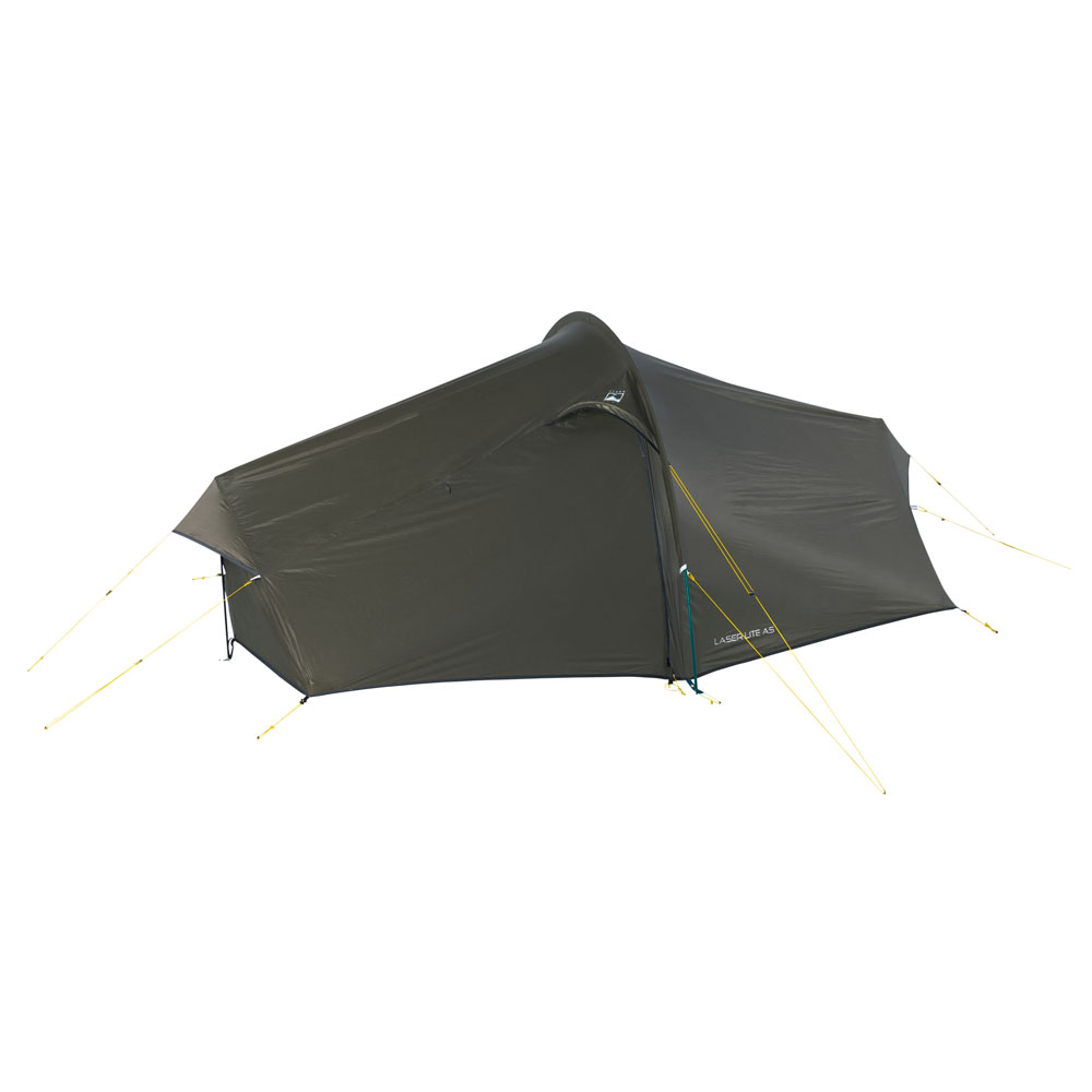 Side view of the Terra Nova Laser Lite AS tent with entrance flap open, showing interior and guy lines.