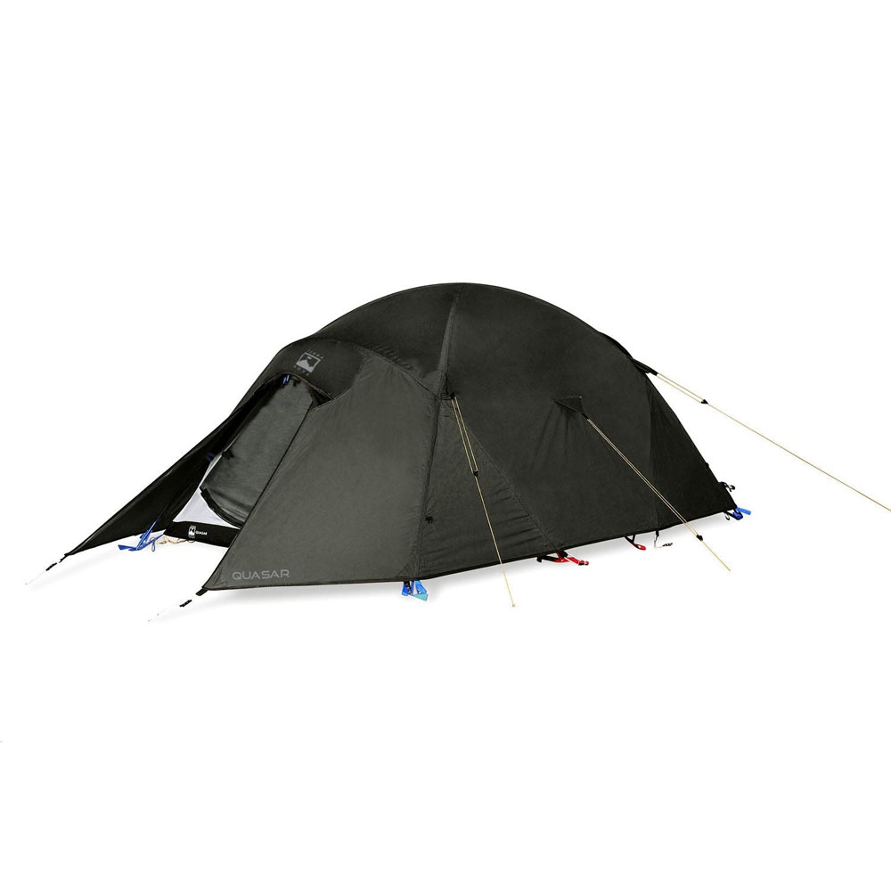 Angled front view of the Terra Nova Quasar 4-Season Expedition Tent pitched with guy lines extended