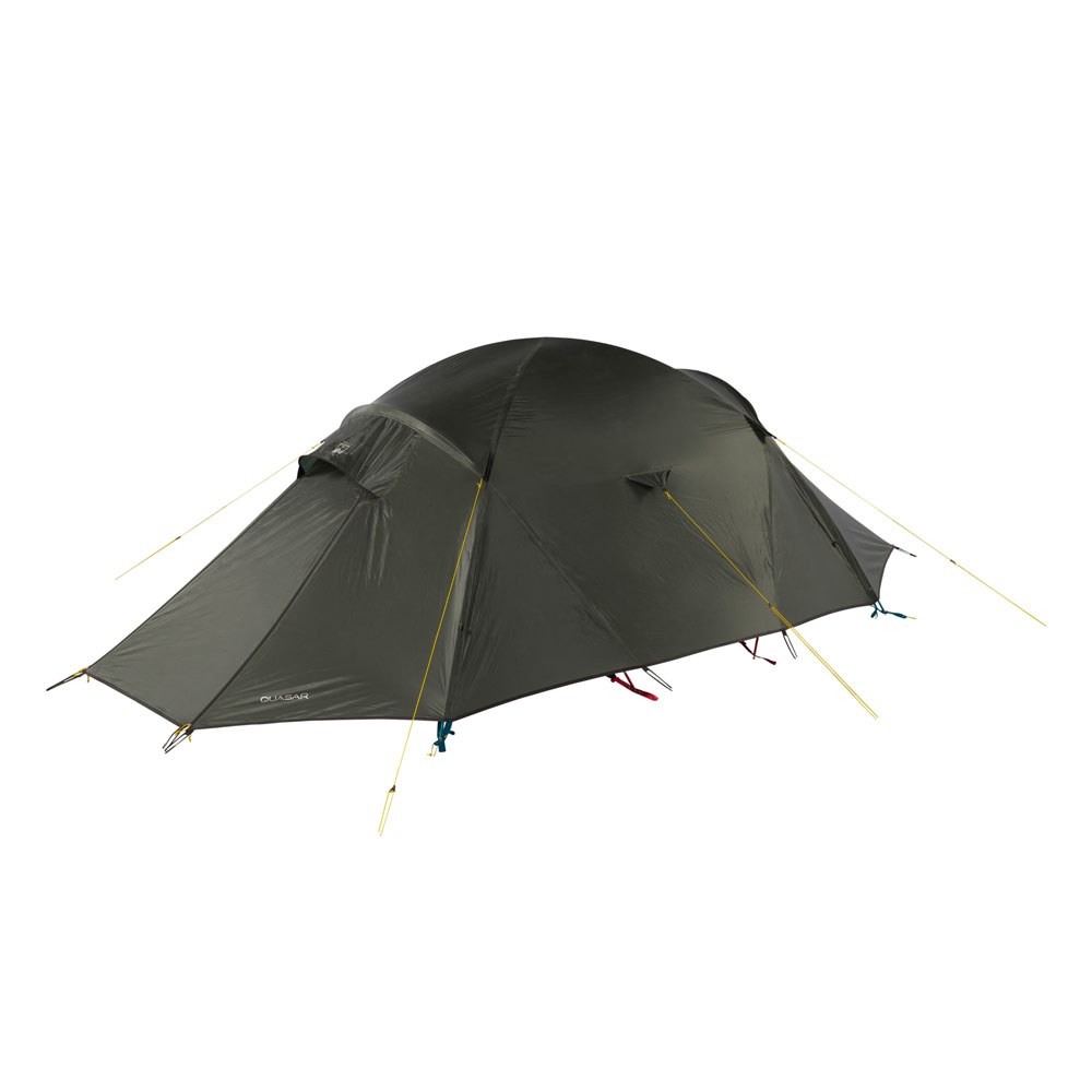 Angled front view of the Terra Nova Quasar 4-Season Expedition Tent pitched with guy lines extended