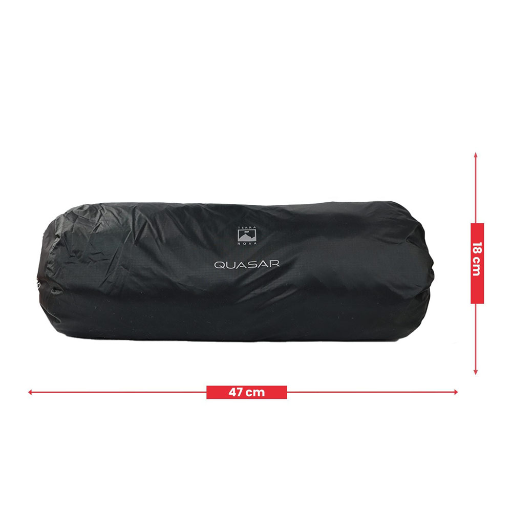 Packed Terra Nova Quasar tent inside its carry bag with dimensions labeled: 47 cm length and 18 cm diameter.