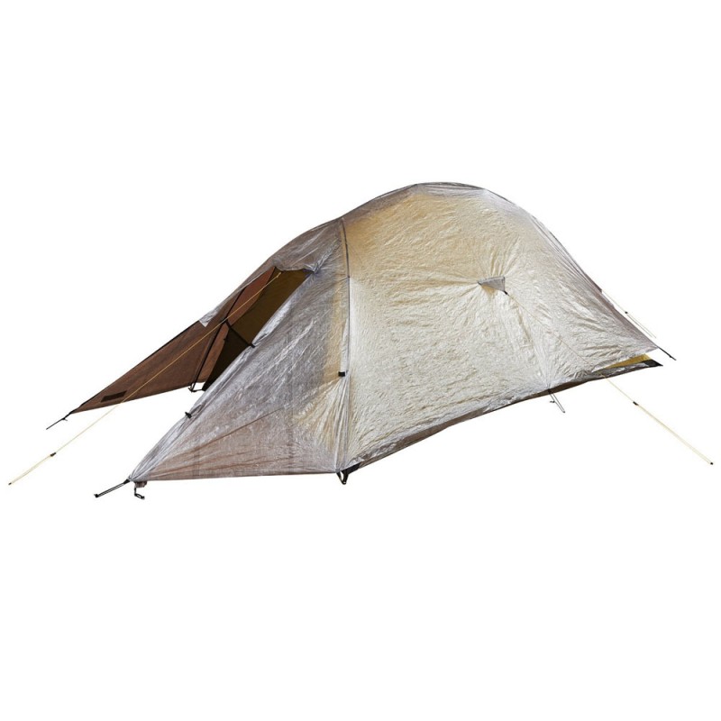 Side view of the Terra Nova Solar Ultra 2 tent with semi-transparent flysheet and awning pitched, guy lines extended.