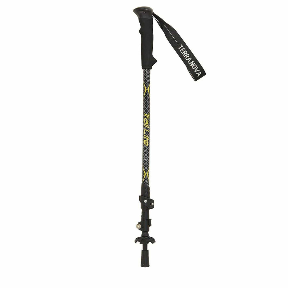 Close-up of the Terra Nova Trail Elite Trekking Pole folded into three sections, showing wrist strap, grip, and locking mechanism