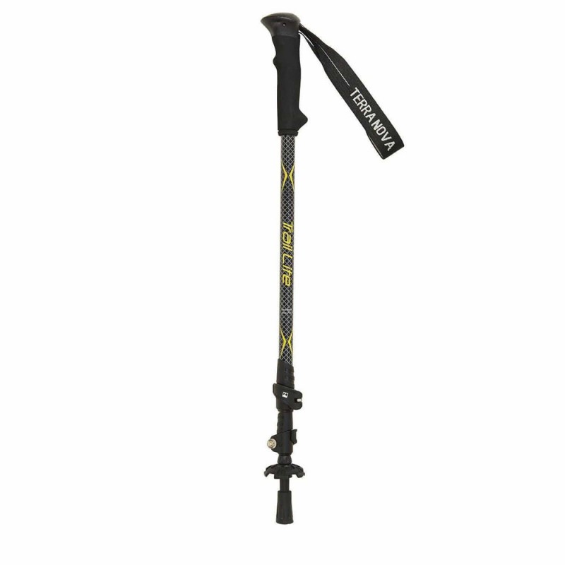 Close-up of the Terra Nova Trail Elite Trekking Pole folded into three sections, showing wrist strap, grip, and locking mechanism