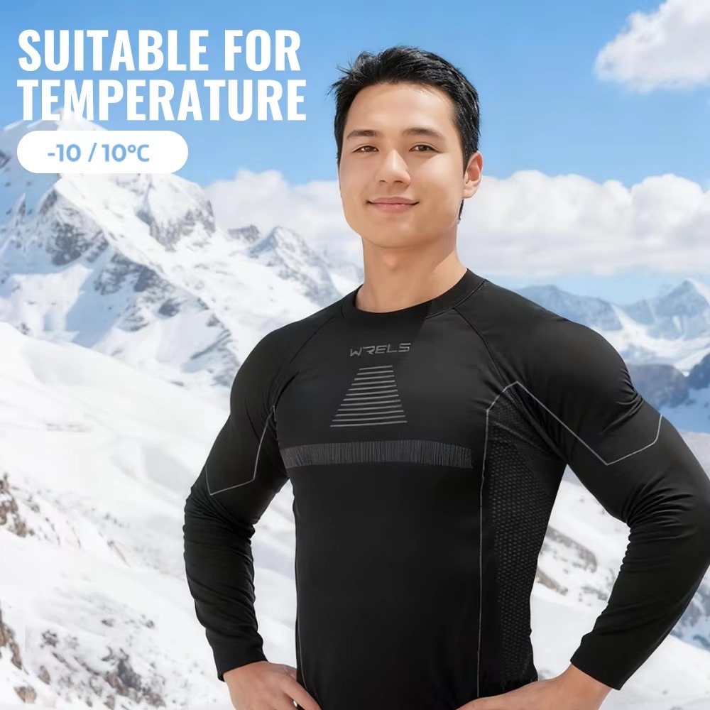 Men's thermal sports underwear set featuring a long-sleeve compression top and thermal leggings with moisture-wicking, breathable fabric designed for winter sports, running, cycling, hiking, training and cold-weather outdoor activities.