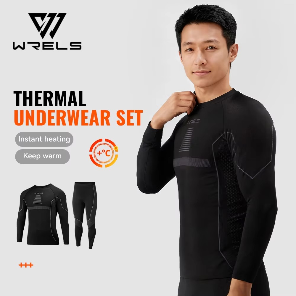 Men's thermal sports underwear set featuring a long-sleeve compression top and thermal leggings with moisture-wicking, breathable fabric designed for winter sports, running, cycling, hiking, training and cold-weather outdoor activities.