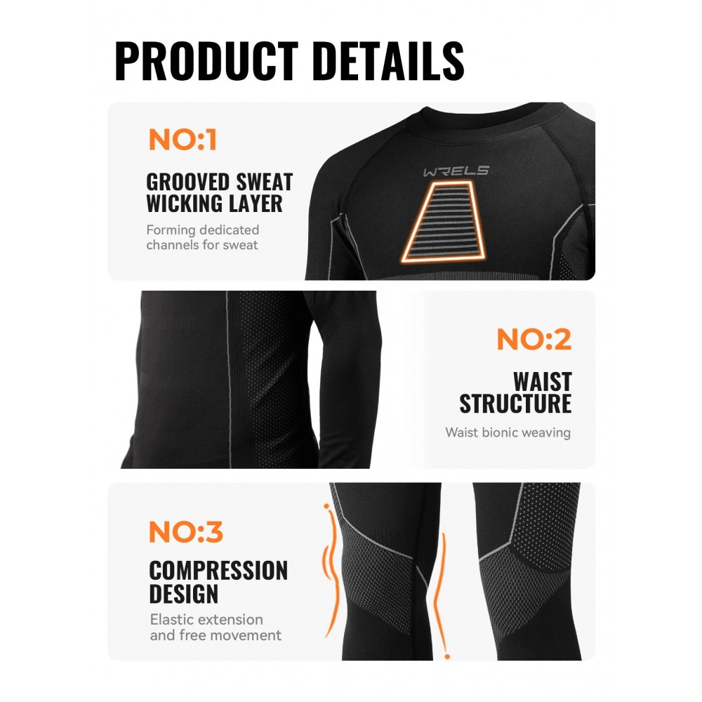 Men's thermal sports underwear set featuring a long-sleeve compression top and thermal leggings with moisture-wicking, breathable fabric designed for winter sports, running, cycling, hiking, training and cold-weather outdoor activities.