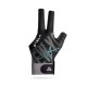 Three finger billiards glove with adjustable wrist strap and smooth low-friction design for pool, snooker and cue sports, providing enhanced cue control and consistent stroke performance