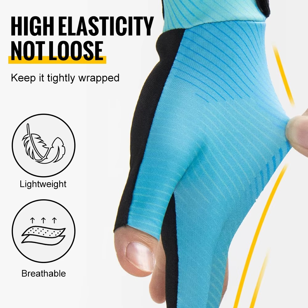 Three finger billiards glove with adjustable wrist strap and smooth low-friction design for pool, snooker and cue sports, providing enhanced cue control and consistent stroke performance