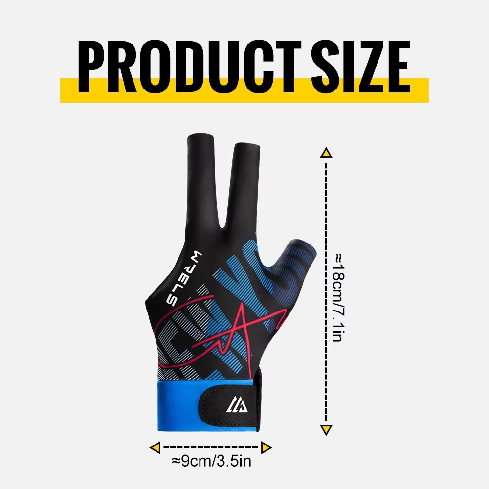 Three finger billiards glove with adjustable wrist strap and smooth low-friction design for pool, snooker and cue sports, providing enhanced cue control and consistent stroke performance