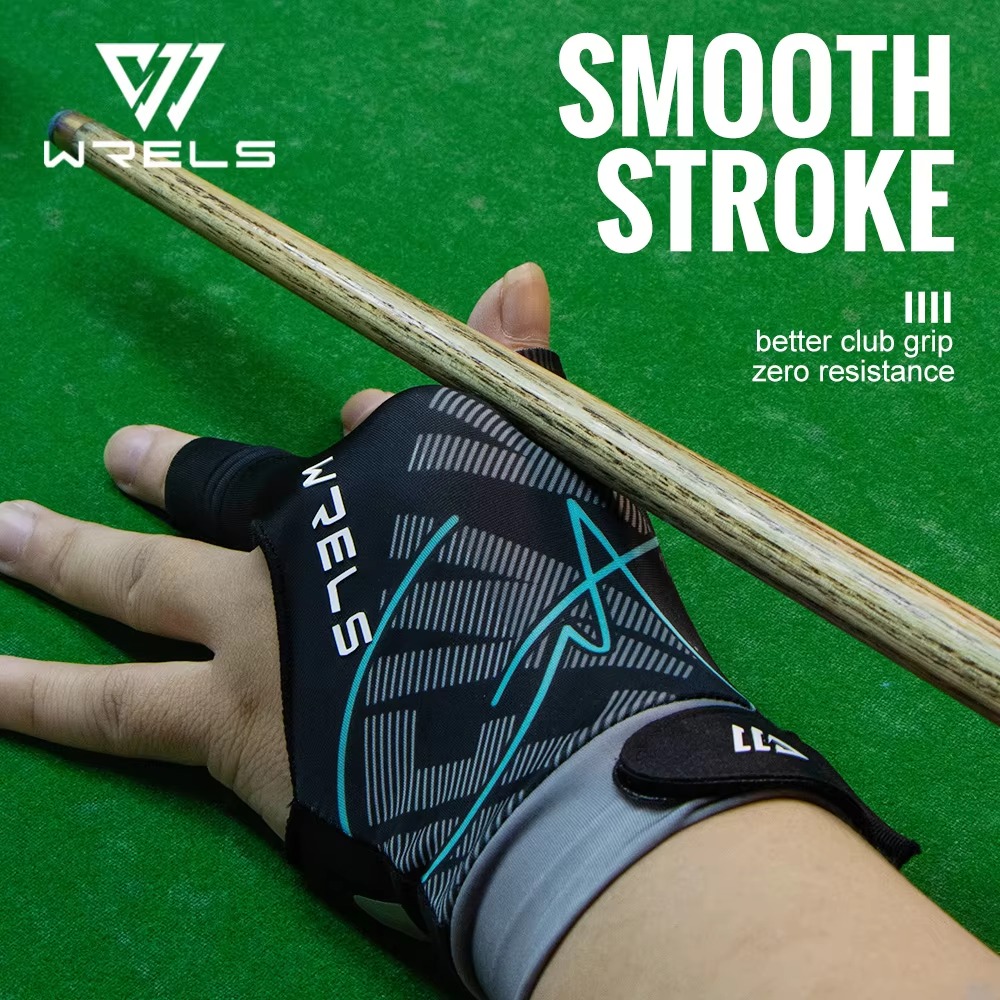 Three finger billiards glove with adjustable wrist strap and smooth low-friction design for pool, snooker and cue sports, providing enhanced cue control and consistent stroke performance