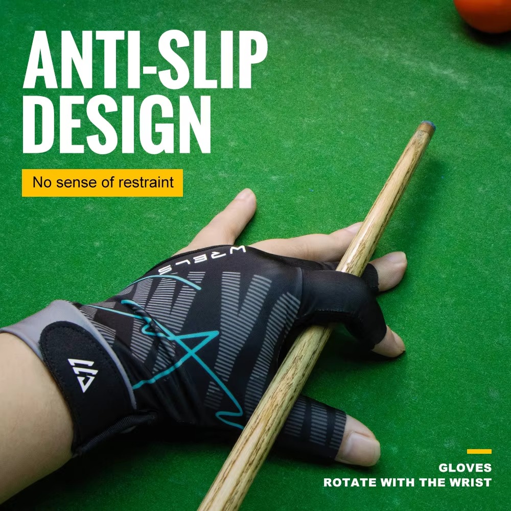 Three finger billiards glove with adjustable wrist strap and smooth low-friction design for pool, snooker and cue sports, providing enhanced cue control and consistent stroke performance