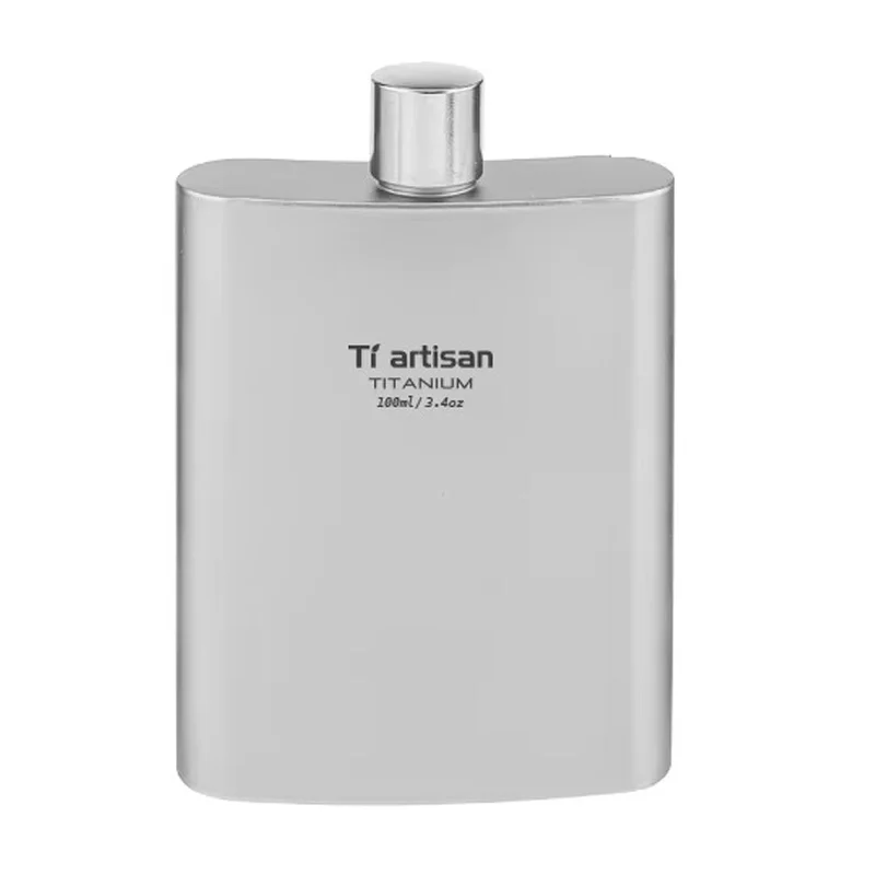 Compact 100ml titanium pocket flask with a lightweight curved design and secure screw-top cap. Made from corrosion-resistant titanium for durability and portability, this reusable flask is ideal for carrying spirits, whiskey, liquor, water, or other bever