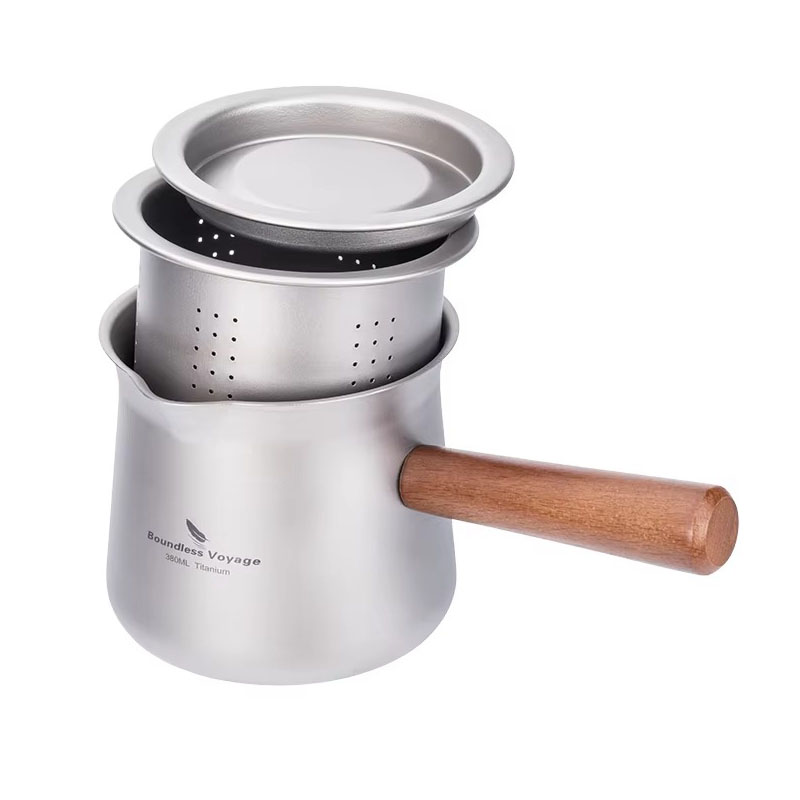 Premium 380ml titanium tea cup featuring a removable tea infuser, matching lid, and ergonomic wooden handle. Crafted from lightweight, food-grade titanium, this durable tea mug is corrosion-resistant, rust-proof, and ideal for loose-leaf tea brewing at ho