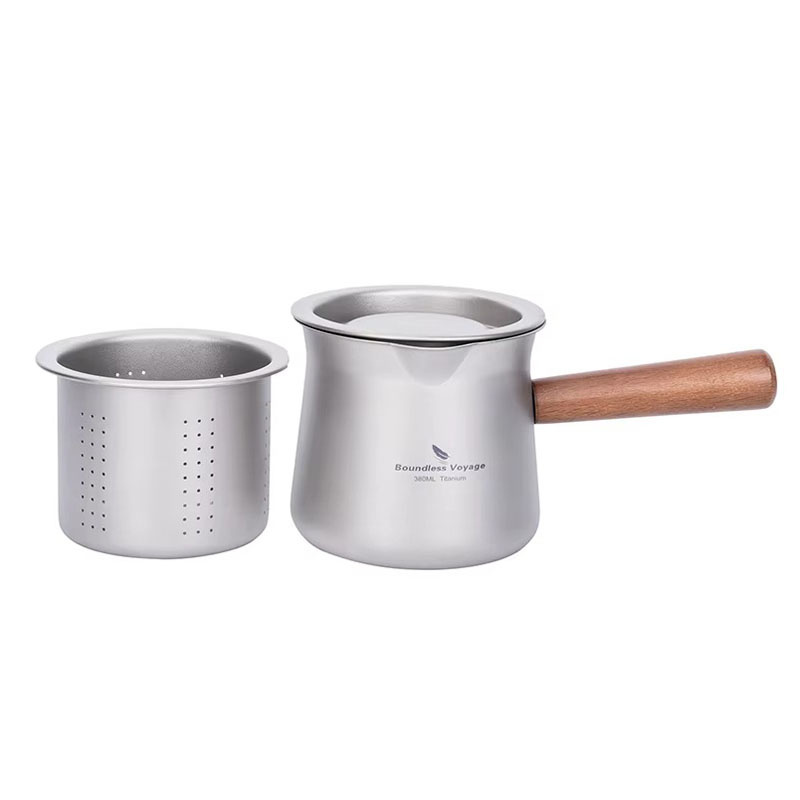 Premium 380ml titanium tea cup featuring a removable tea infuser, matching lid, and ergonomic wooden handle. Crafted from lightweight, food-grade titanium, this durable tea mug is corrosion-resistant, rust-proof, and ideal for loose-leaf tea brewing at ho
