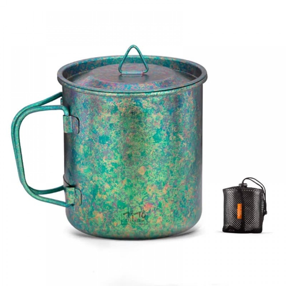 TiTo 450ml titanium mug for hiking in green crystal ice flower design with mesh storage bag