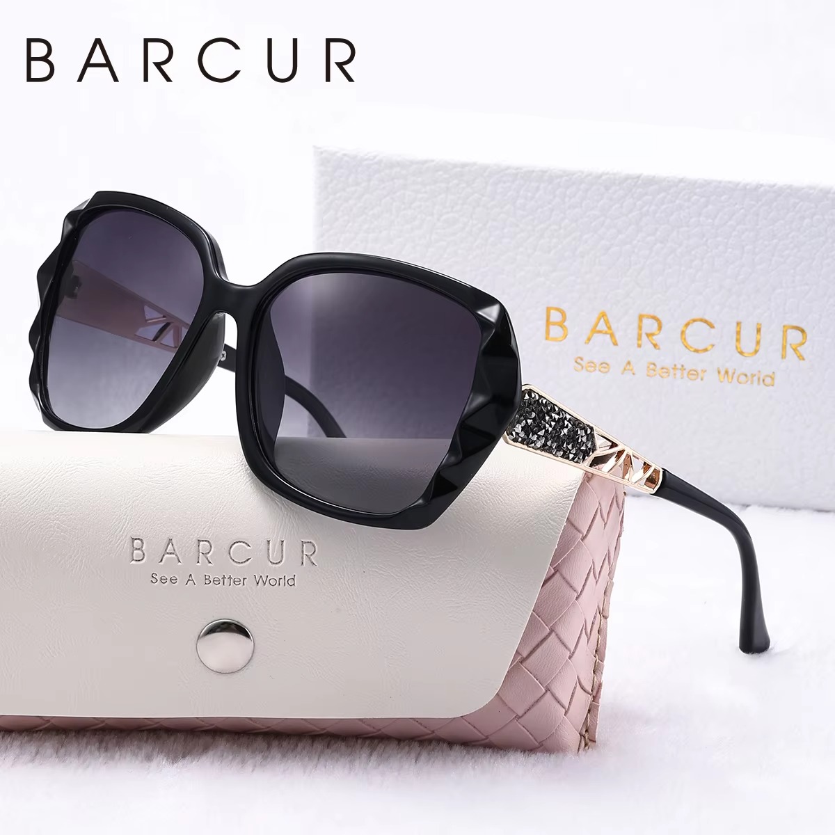 BARCUR trendy women polarized butterfly sunglasses with gradient lenses oversized frame rhinestone temple detail UV protection includes protective case and gift box