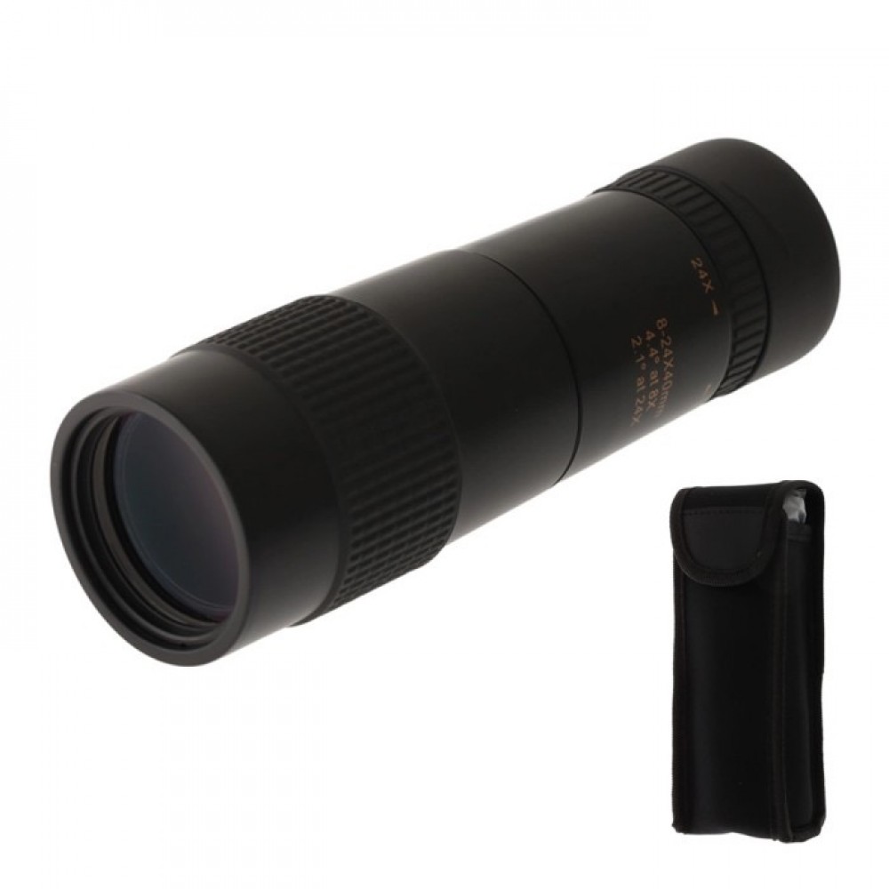Black Tristar G5017 monocular featuring 8x to 24x zoom and 40mm objective lens, shown with carry case and tripod mount option.