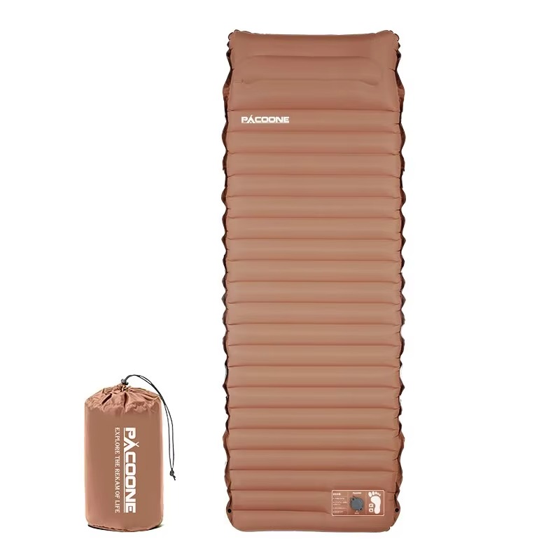 Ultralight inflatable camping sleeping pad with built-in pillow and compact carry bag for backpacking and outdoor travel