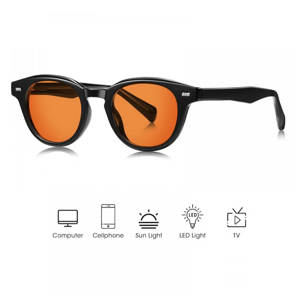 Unisex Blue Light Blocking Glasses with Black Frame Unisex blue light blocking glasses with a classic black acetate frame, rounded square design, red-tinted lenses, integrated nose bridge, and lightweight temples, designed to help reduce digital eye strain during computer work, gaming, reading, and extende