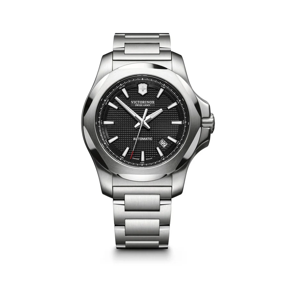 Victorinox I.N.O.X. Mechanical Automatic Watch featuring a 43mm stainless steel case, matching stainless steel bracelet, and sophisticated black dial with luminous hands and hour markers. Powered by a self-winding automatic mechanical movement, this Swiss
