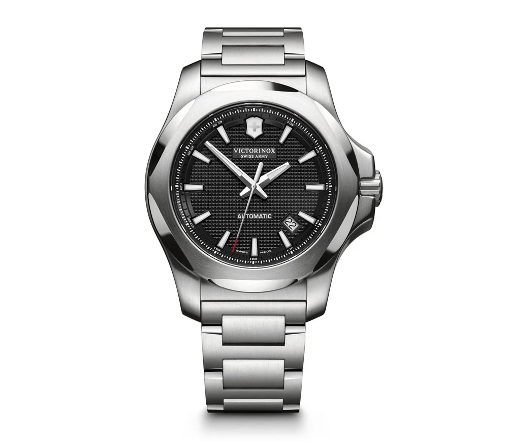 Victorinox I.N.O.X. Mechanical Automatic Watch featuring a 43mm stainless steel case, matching stainless steel bracelet, and sophisticated black dial with luminous hands and hour markers. Powered by a self-winding automatic mechanical movement, this Swiss