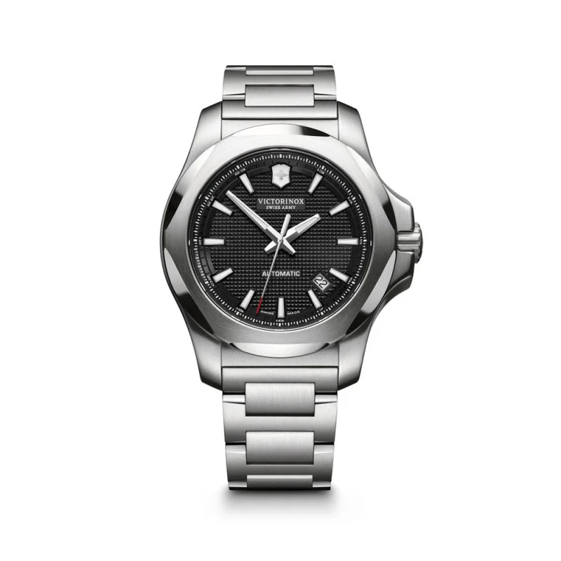 Victorinox I.N.O.X. Mechanical Automatic Watch featuring a 43mm stainless steel case, matching stainless steel bracelet, and sophisticated black dial with luminous hands and hour markers. Powered by a self-winding automatic mechanical movement, this Swiss