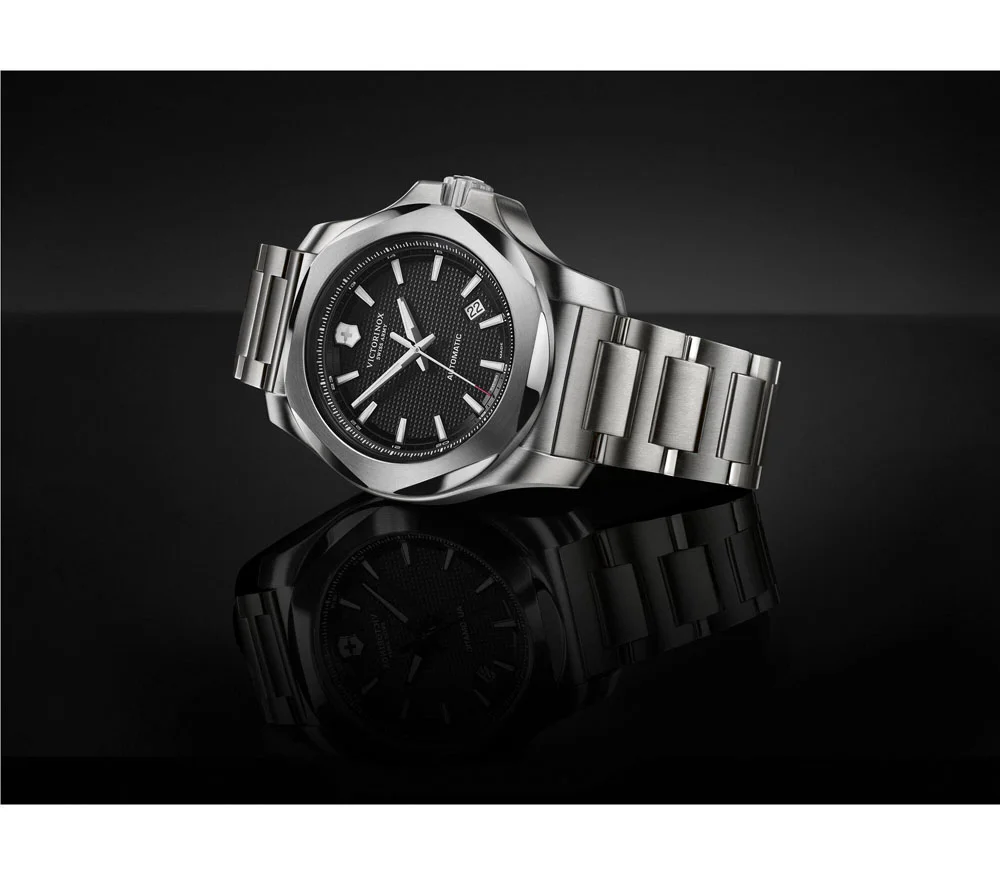 Victorinox I.N.O.X. Mechanical Automatic Watch 43mm Stainless Steel Bracelet Black Dial Victorinox I.N.O.X. Mechanical Automatic Watch featuring a 43mm stainless steel case, matching stainless steel bracelet, and sophisticated black dial with luminous hands and hour markers. Powered by a self-winding automatic mechanical movement, this Swiss