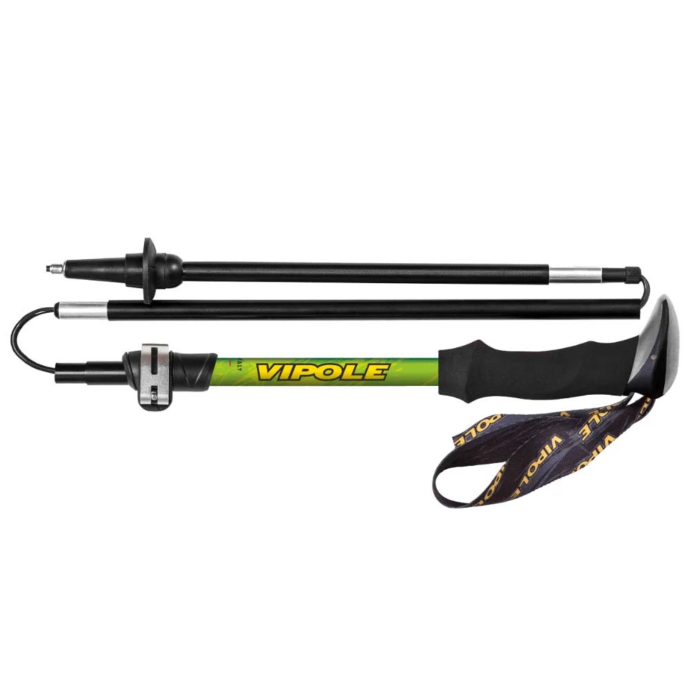 Vipole Fuji foldable trekking poles in green and black extended flat lay