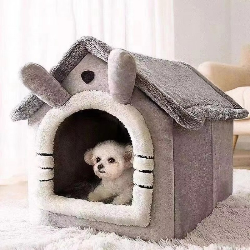 Soft washable pet house in grey with plush interior and cute bunny ear design for small dogs and cats, providing warm and comfortable indoor sleeping space