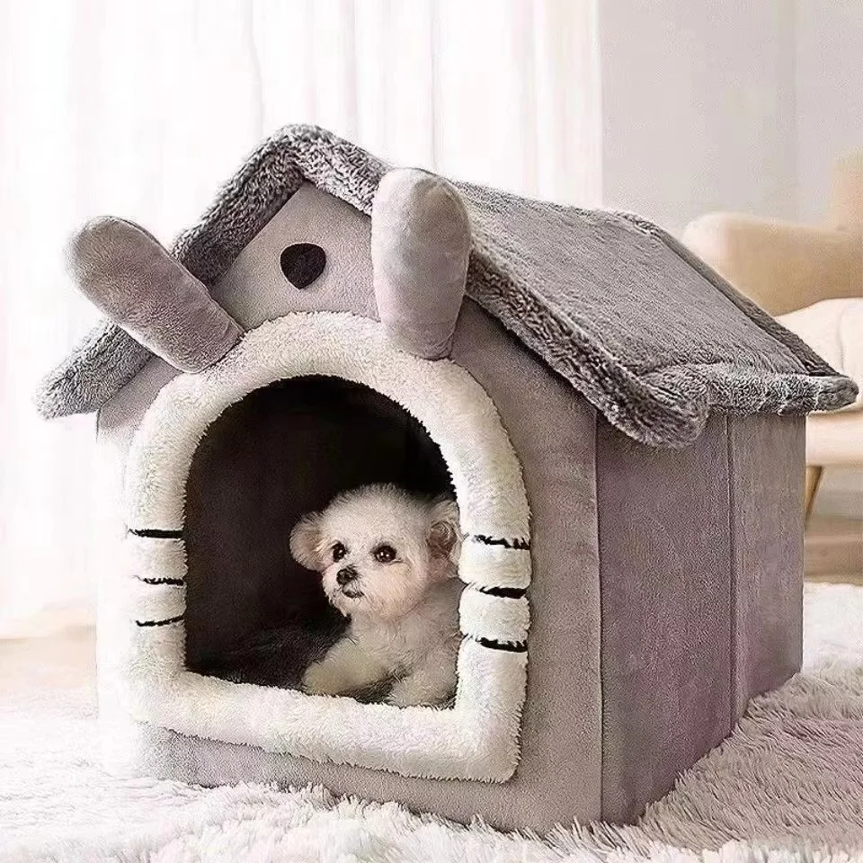Soft washable pet house in grey with plush interior and cute bunny ear design for small dogs and cats, providing warm and comfortable indoor sleeping space