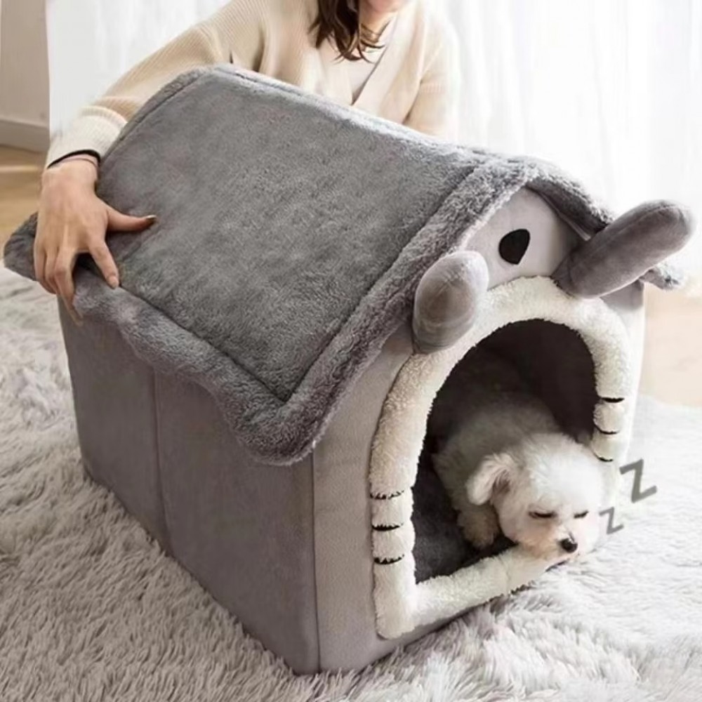 Washable Warm Pet House for Small Dogs and Cats Grey Soft washable pet house in grey with plush interior and cute bunny ear design for small dogs and cats, providing warm and comfortable indoor sleeping space