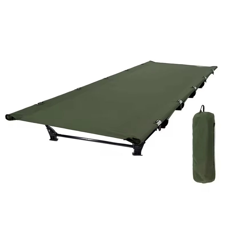 Lightweight foldable outdoor camping cot bed with sturdy metal frame and storage carry bag for travel and hiking