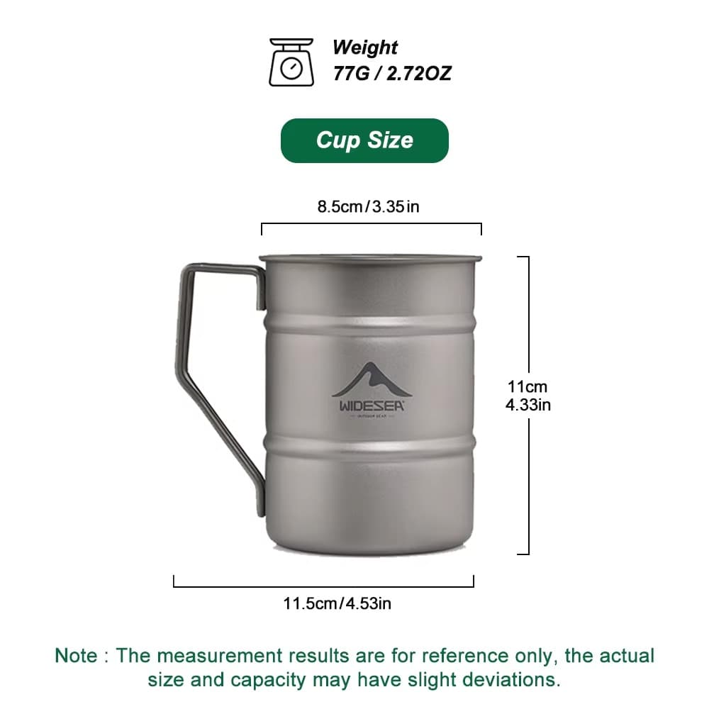 Widesea Titanium Mug with Dimensions and Weight Widesea titanium camping mug showing size specifications and weight of 77 grams