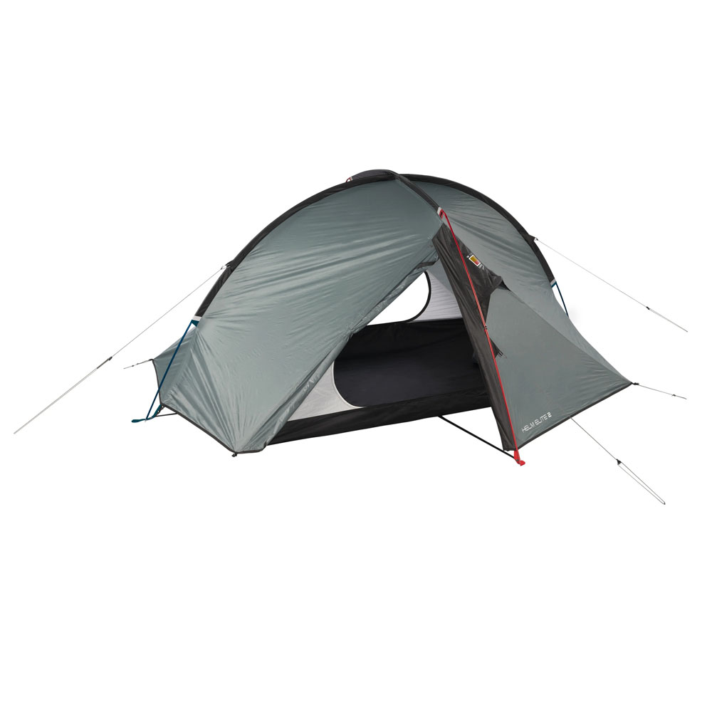 Wild Country Helm Elite 2 lightweight two-person tent pitched with trekking pole support and guy lines for stability