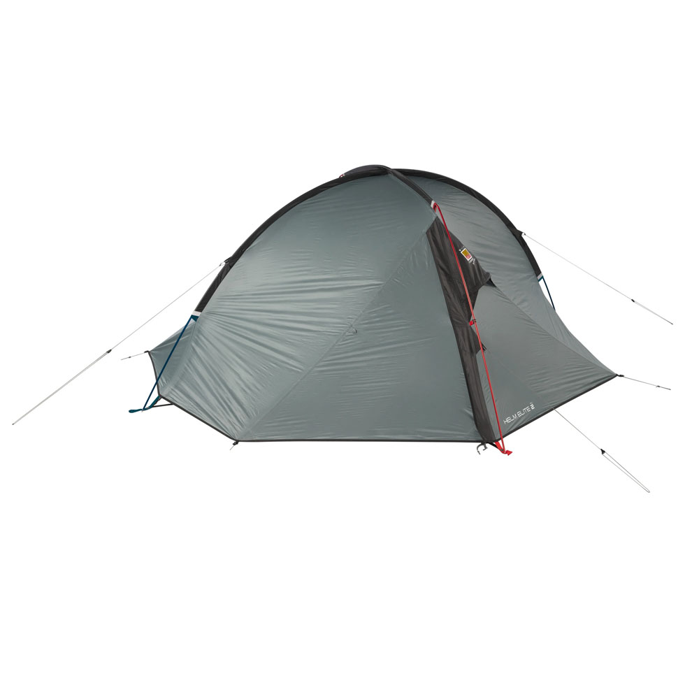 Fully pitched Wild Country Helm Elite 2 ultralight two-person tent with aerodynamic dome design and guy lines