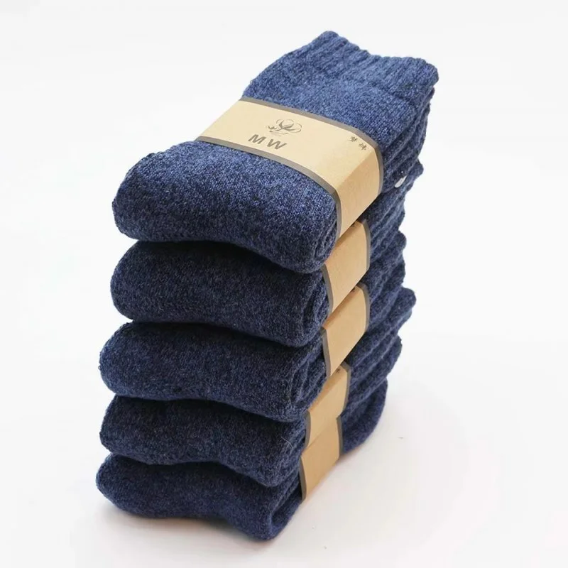 Five pack of winter wool thermal socks in navy blue designed for hiking, cold weather, outdoor work and everyday winter comfort