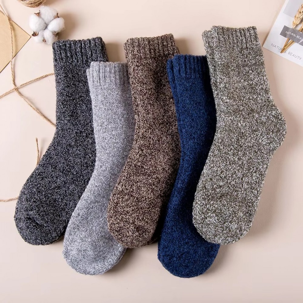 Five pack of winter merino wool thermal socks in navy blue designed for hiking, cold weather, outdoor work and everyday winter comfort