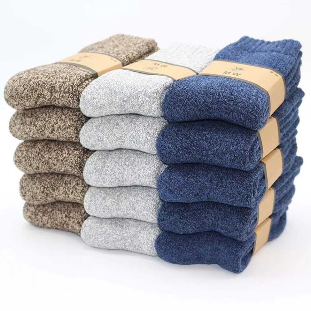 Five pack of winter merino wool thermal socks in navy blue designed for hiking, cold weather, outdoor work and everyday winter comfort