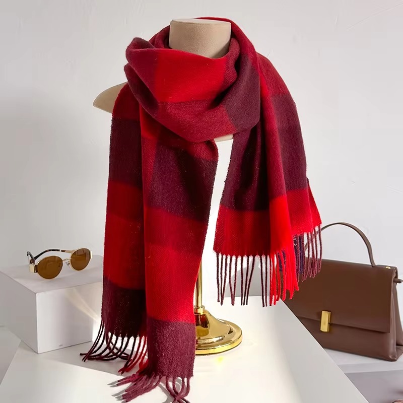 Women’s winter plaid scarf with soft cashmere feel fabric and tassel fringe styling for cold weather fashion and everyday warmth