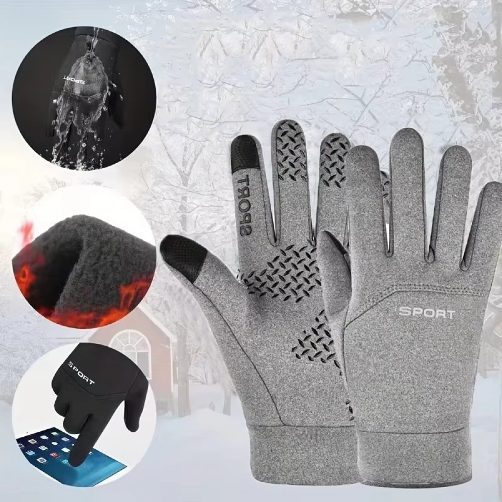 Winter waterproof thermal gloves with insulated lining, touchscreen-compatible fingertips and non-slip grip palms designed for cycling, running, hiking, commuting and outdoor activities in cold weather conditions.