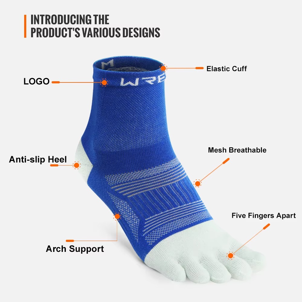 WRELS Five Toe Athletic Socks Performance Features WRELS five toe athletic socks showing breathable mesh panels, arch support, anti-slip heel and elastic cuff performance features
