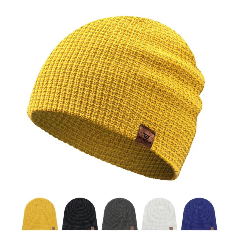 Yellow reflective knitted winter beanie hat with soft stretch fit and multiple color options for men and women
