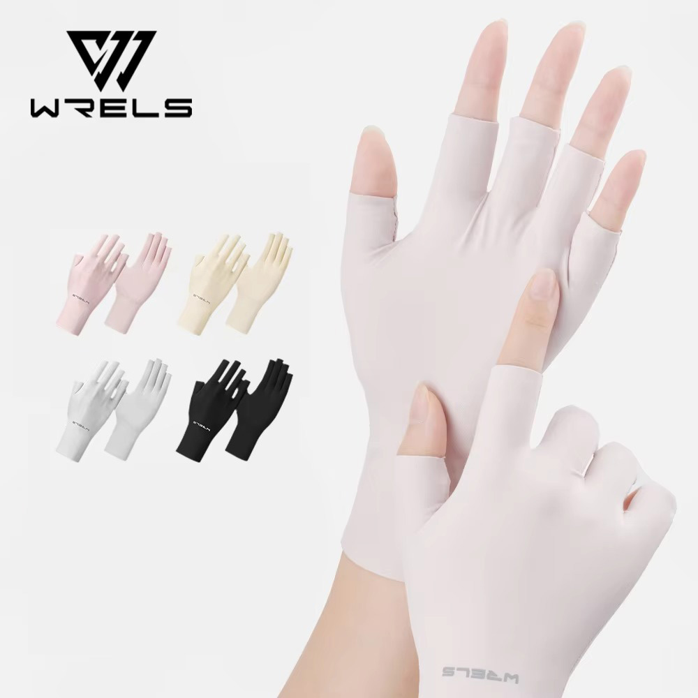 Close-up of WRELS summer gloves with fingerless design for UV protection and sunscreen use