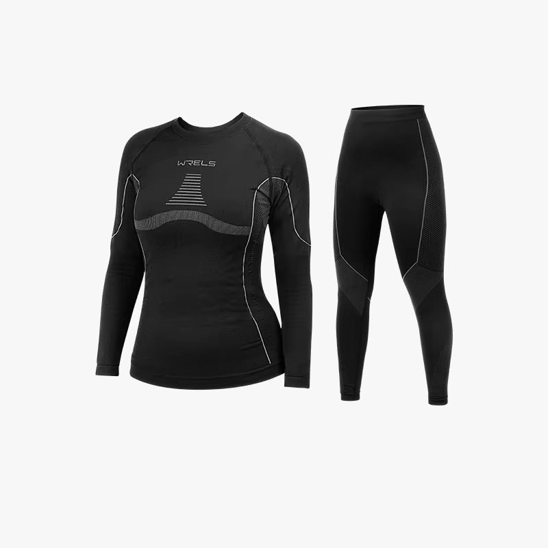 Women's thermal sports underwear set featuring a long-sleeve compression top and thermal leggings with breathable moisture-wicking fabric for running, hiking, cycling, skiing, fitness training and cold-weather outdoor activities.