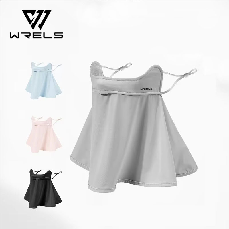 Front view of grey WRELS adjustable sports sun visor face cover with wide drape and ear loops