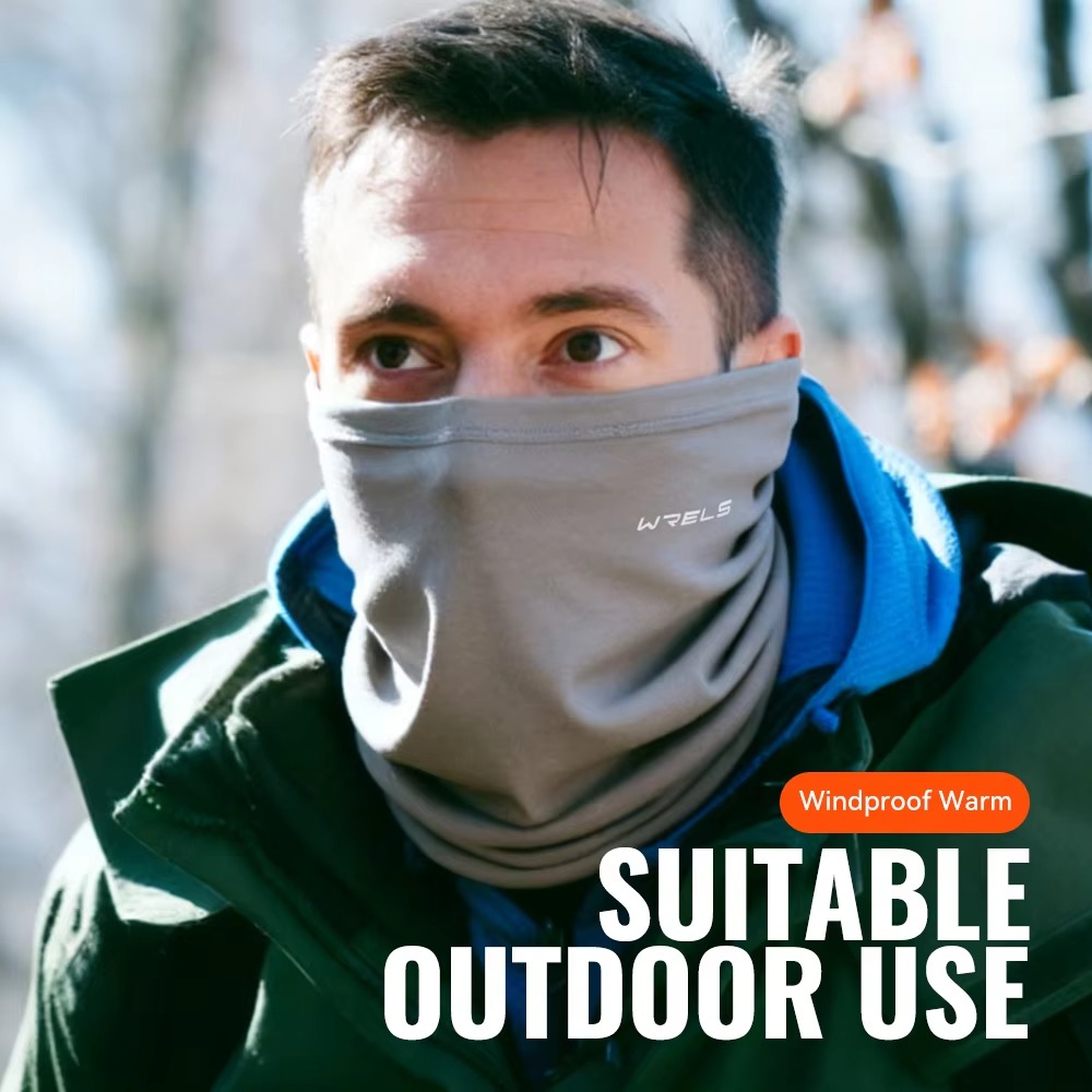 Man wearing gray fleece neck gaiter face cover outdoors for winter hiking running travel and windproof cold weather protection