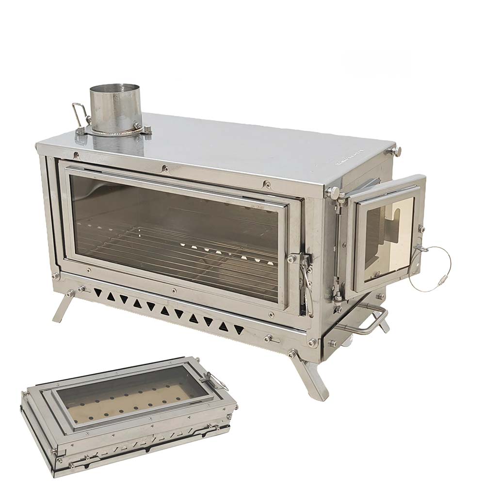 WT-Sky-430 Folding Stove – Double Glass Design with Side Loading Portable camp stove with two glass windows and side firewood port for uninterrupted use.