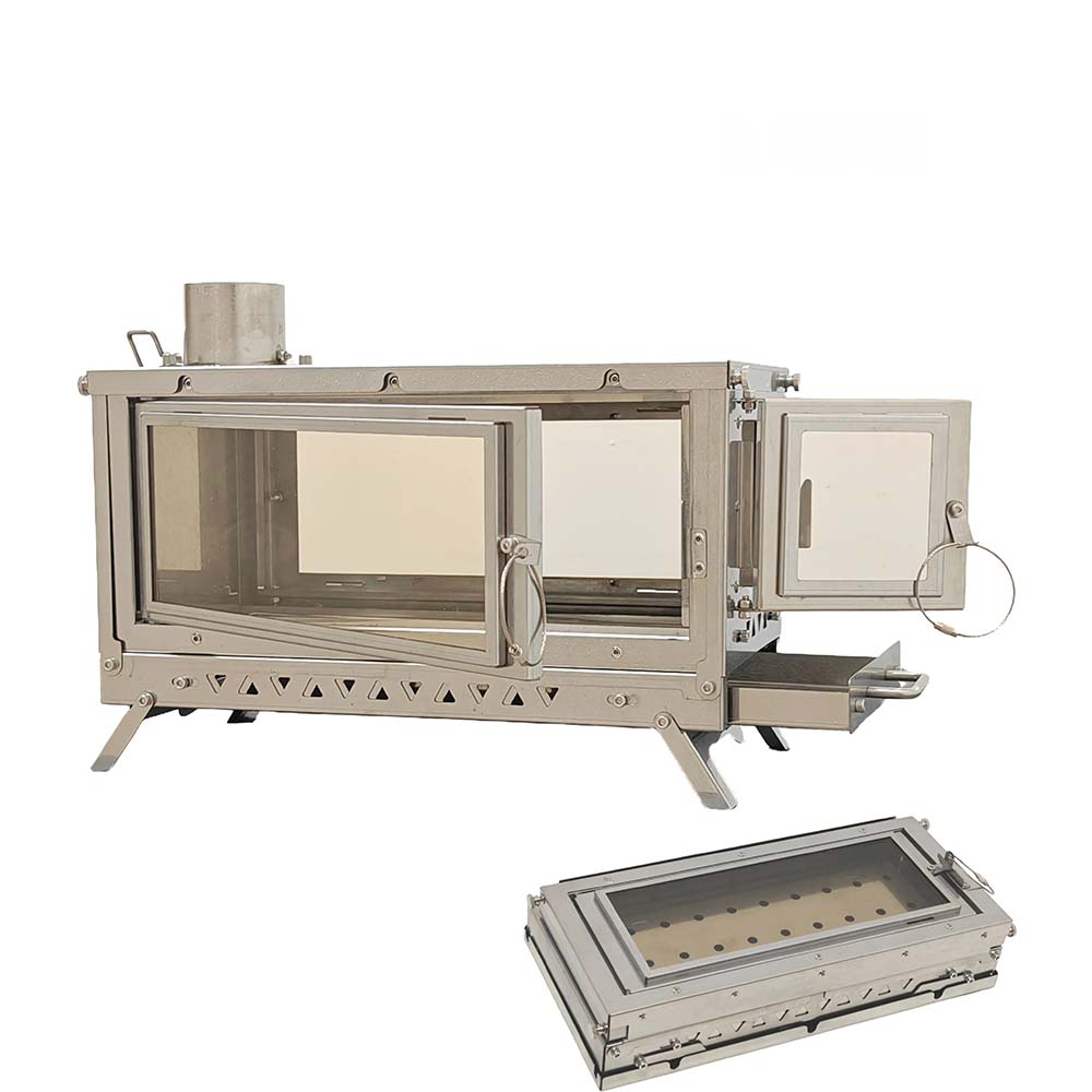 WT-Sky-430 Triple Glass Wood Stove – Full Fire View Triple-glass folding tent stove offering panoramic fire view and secondary intake for clean burn.